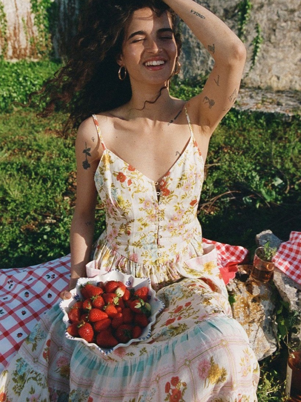 Spell Flora Linen Midi Dress Patch Pockets Large Cottage Whimsical‎ - Picture 7 of 16